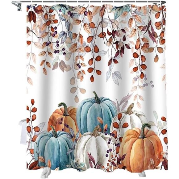 Thanksgiving Shower Curtain, Watercolor Pumpkins & Eucalyptus, 72x72 in w/ Hooks - Picture 7 of 7